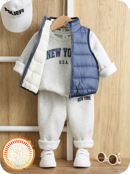 Baby Boy Cartoon Print Crew Neck Sweatshirt, Long Pants And Cotton Padded Vest 3-Piece Set