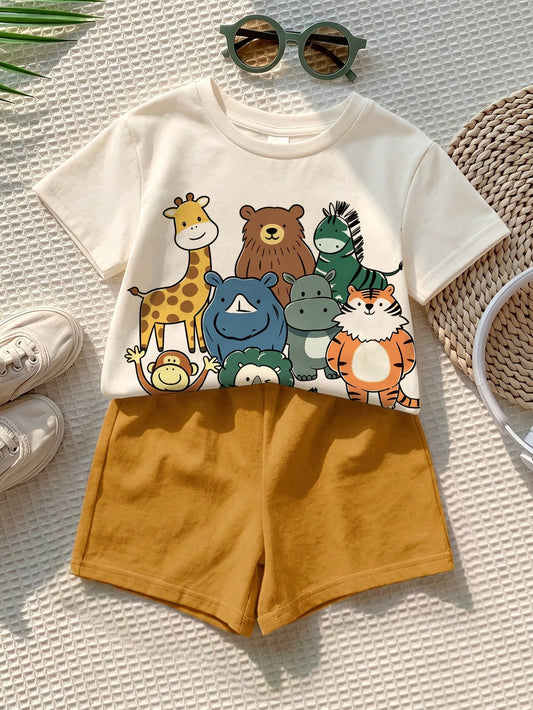 Baby Boy Casual Minimalist Hand-Drawn Animal Print Top Suitable For Spring And Summer