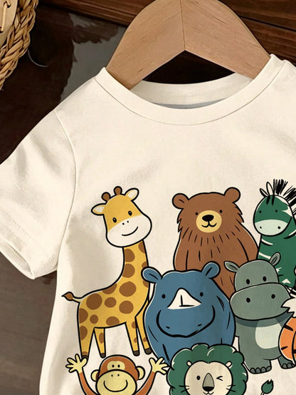 Baby Boy Casual Minimalist Hand-Drawn Animal Print Top Suitable For Spring And Summer