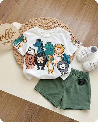 Baby Boy Casual Minimalist Hand-Drawn Animal Print Top Suitable For Spring And Summer