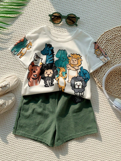 Baby Boy Casual Minimalist Hand-Drawn Animal Print Top Suitable For Spring And Summer