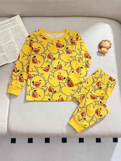 Baby Boy Casual Minimalist Slim Fit Round Neck Comfortable Long Sleeve Long Pants Loungewear Suitable For Spring And Summer, Snug Fit, Classic Cute Yellow Duck Print