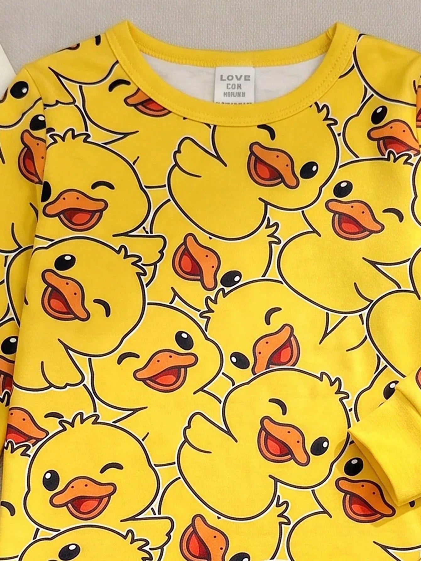 Baby Boy Casual Minimalist Slim Fit Round Neck Comfortable Long Sleeve Long Pants Loungewear Suitable For Spring And Summer, Snug Fit, Classic Cute Yellow Duck Print