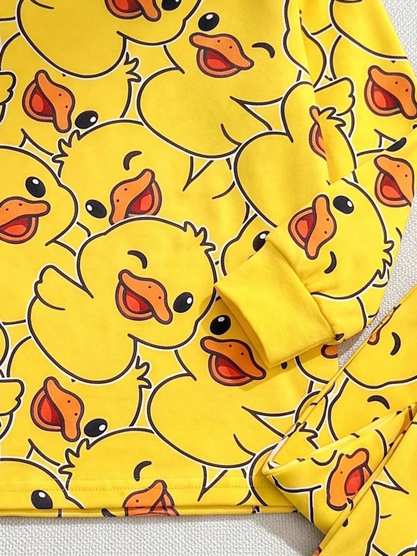 Baby Boy Casual Minimalist Slim Fit Round Neck Comfortable Long Sleeve Long Pants Loungewear Suitable For Spring And Summer, Snug Fit, Classic Cute Yellow Duck Print