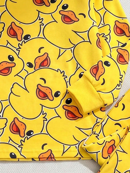 Baby Boy Casual Minimalist Slim Fit Round Neck Comfortable Long Sleeve Long Pants Loungewear Suitable For Spring And Summer, Snug Fit, Classic Cute Yellow Duck Print