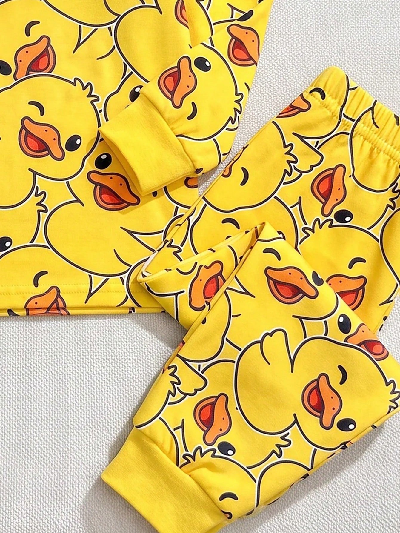 Baby Boy Casual Minimalist Slim Fit Round Neck Comfortable Long Sleeve Long Pants Loungewear Suitable For Spring And Summer, Snug Fit, Classic Cute Yellow Duck Print