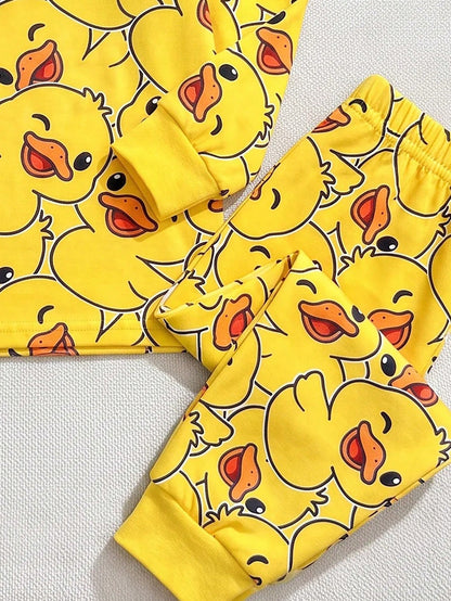 Baby Boy Casual Minimalist Slim Fit Round Neck Comfortable Long Sleeve Long Pants Loungewear Suitable For Spring And Summer, Snug Fit, Classic Cute Yellow Duck Print
