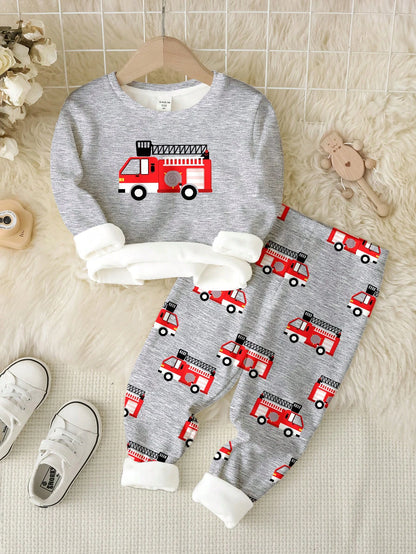 Baby Boy Casual Minimalist Slim Fit Round Neck Comfortable Long Sleeve Long Pants Loungewear Suitable For Autumn/Winter Snug Fit