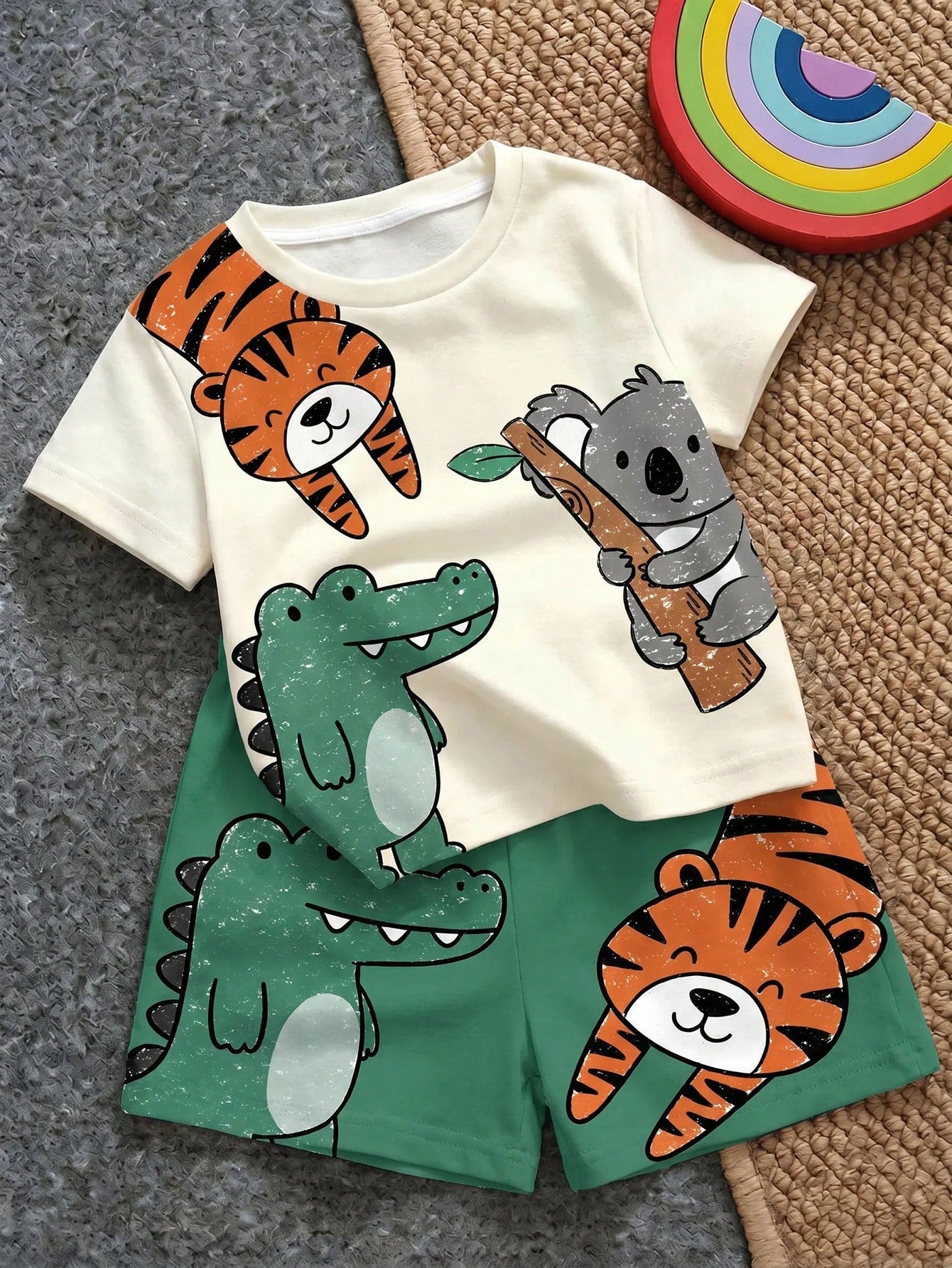 Baby Boy Casual Minimalist T-Shirt Set For Summer, Classic Cute Cartoon Hand-Drawn Animal Party, Tiger, Crocodile, Sloth Cute Cartoon Crayon Hand-Drawn Pattern Print