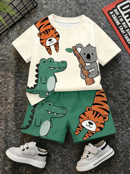 Baby Boy Casual Minimalist T-Shirt Set For Summer, Classic Cute Cartoon Hand-Drawn Animal Party, Tiger, Crocodile, Sloth Cute Cartoon Crayon Hand-Drawn Pattern Print