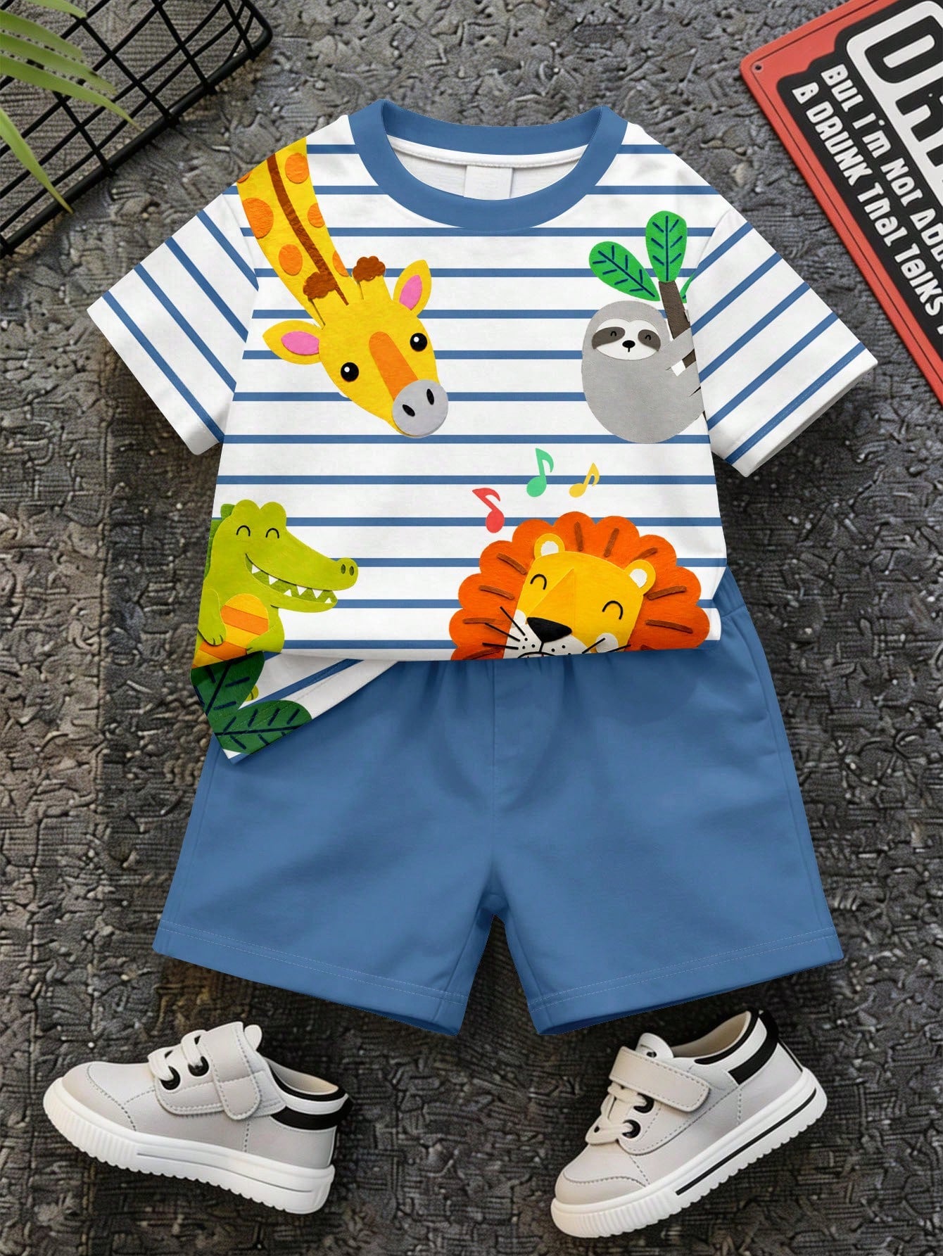 Baby Boy Casual Minimalist T-Shirt Set For Summer, Classic Cute Cartoon Hand-Drawn Animal Party, Tiger, Crocodile, Sloth Cute Cartoon Crayon Hand-Drawn Pattern Print