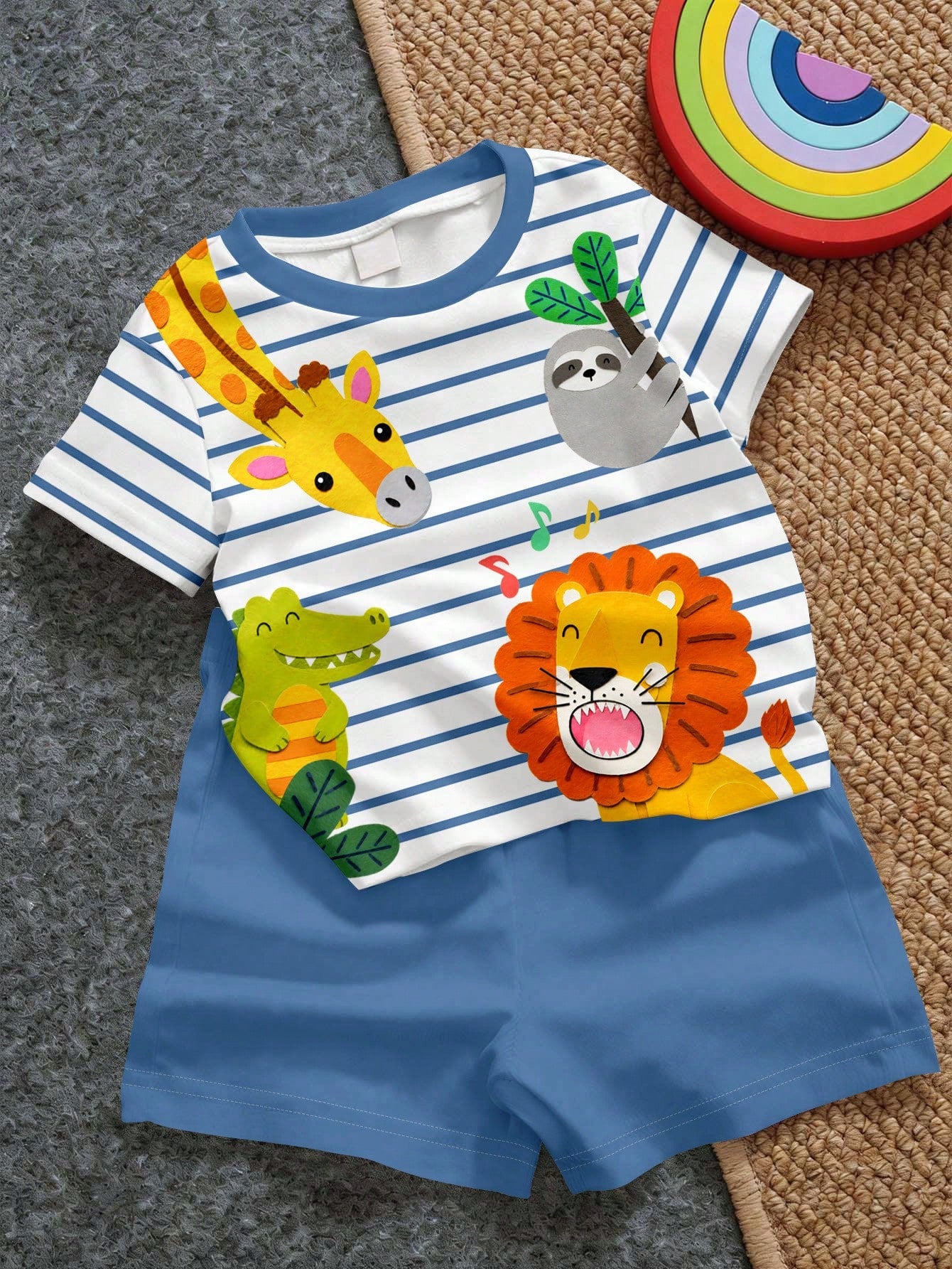 Baby Boy Casual Minimalist T-Shirt Set For Summer, Classic Cute Cartoon Hand-Drawn Animal Party, Tiger, Crocodile, Sloth Cute Cartoon Crayon Hand-Drawn Pattern Print