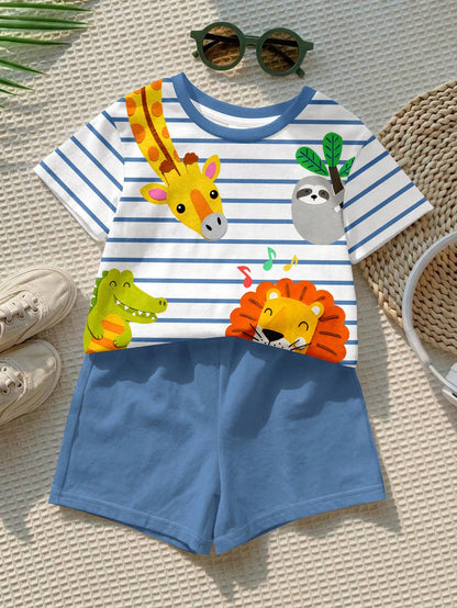 Baby Boy Casual Minimalist T-Shirt Set For Summer, Classic Cute Cartoon Hand-Drawn Animal Party, Tiger, Crocodile, Sloth Cute Cartoon Crayon Hand-Drawn Pattern Print