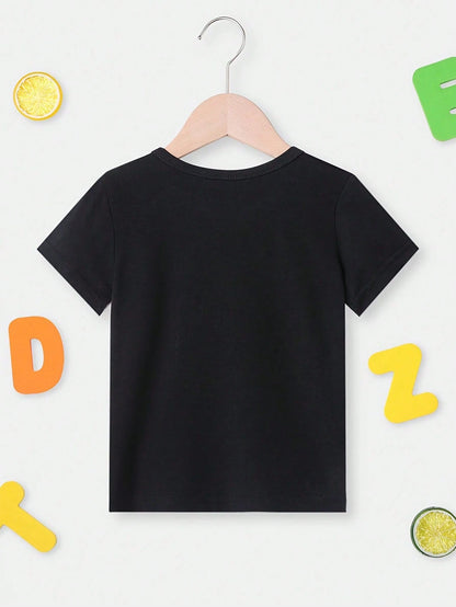 Baby Boy Casual Stylish Cartoon Cute Ghost Face & Funny Slogan Print Short Sleeve T-Shirt