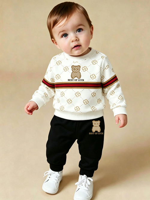 Baby Boy Comfortable Crew Neck Long Sleeve Sports Top & Sweatpants 2-Piece Set, College Style Striped Bear Pattern