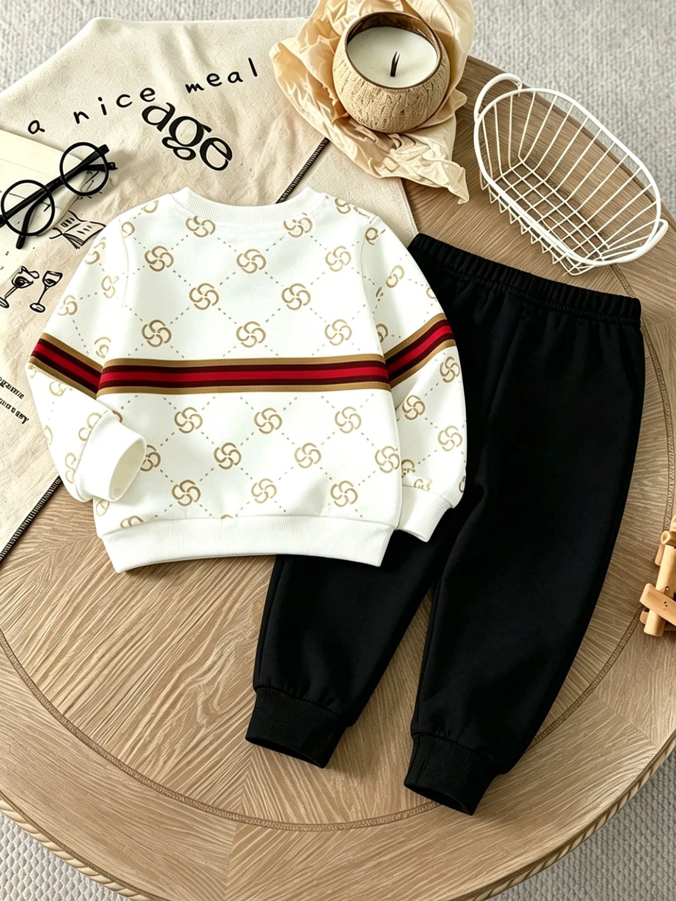 Baby Boy Comfortable Crew Neck Long Sleeve Sports Top & Sweatpants 2-Piece Set, College Style Striped Bear Pattern