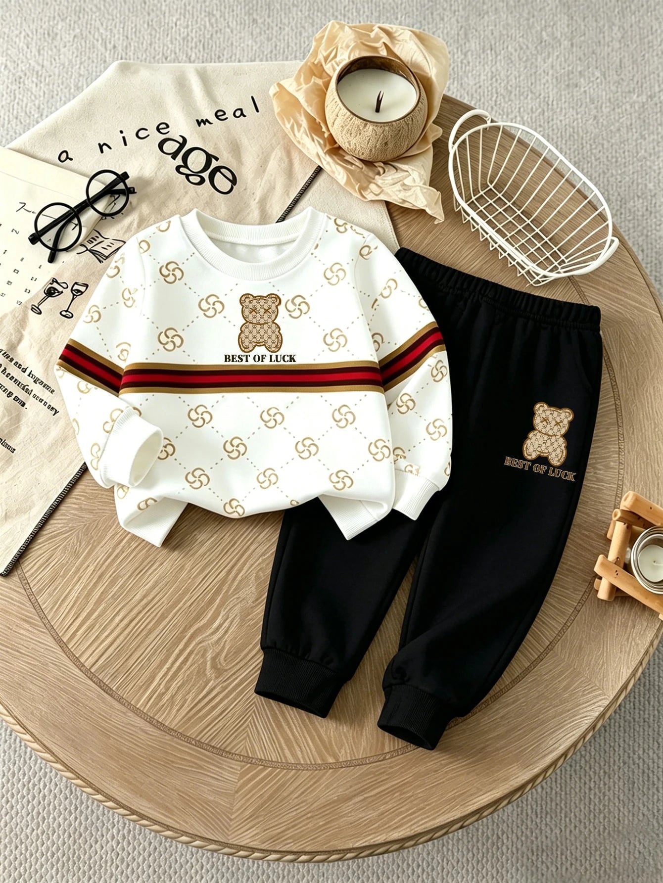 Baby Boy Comfortable Crew Neck Long Sleeve Sports Top & Sweatpants 2-Piece Set, College Style Striped Bear Pattern