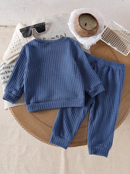 Baby Boy Comfortable Crew Neck Long Sleeve Sports Top & Sweatpants 2-Piece Set, College Style Striped Bear Pattern