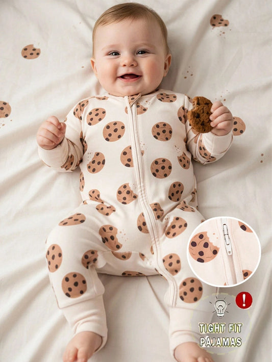 Baby Boy Cookie Print Double-Sided Zipper Long Sleeve Jumpsuit Pajamas Night Beige Autumn Cute Kawaii