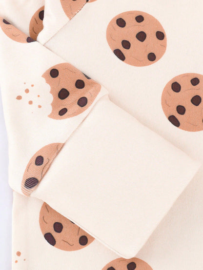Baby Boy Cookie Print Double-Sided Zipper Long Sleeve Jumpsuit Pajamas Night Beige Autumn Cute Kawaii