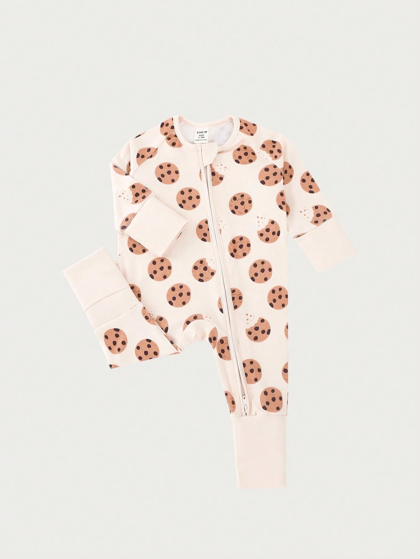 Baby Boy Cookie Print Double-Sided Zipper Long Sleeve Jumpsuit Pajamas Night Beige Autumn Cute Kawaii