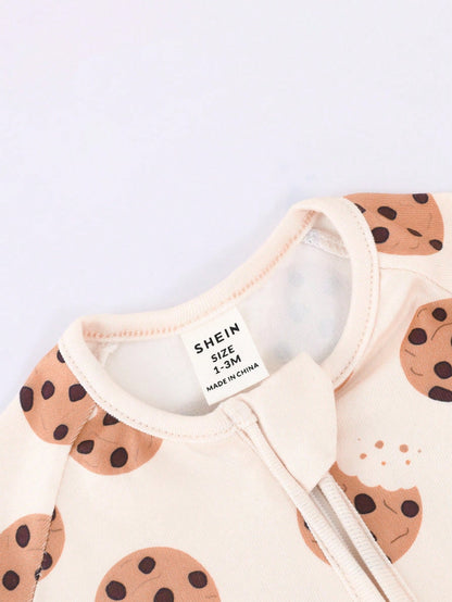 Baby Boy Cookie Print Double-Sided Zipper Long Sleeve Jumpsuit Pajamas Night Beige Autumn Cute Kawaii