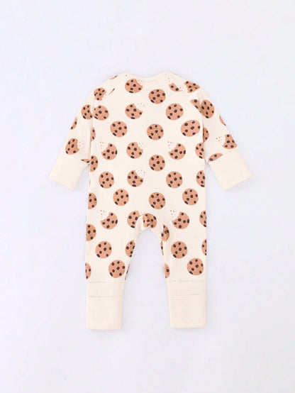 Baby Boy Cookie Print Double-Sided Zipper Long Sleeve Jumpsuit Pajamas Night Beige Autumn Cute Kawaii