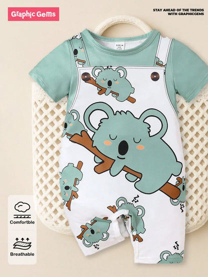 Baby Boy Cute Animal Print Strap Shorts With Round Neck Short Sleeve Romper, Suitable For Summer