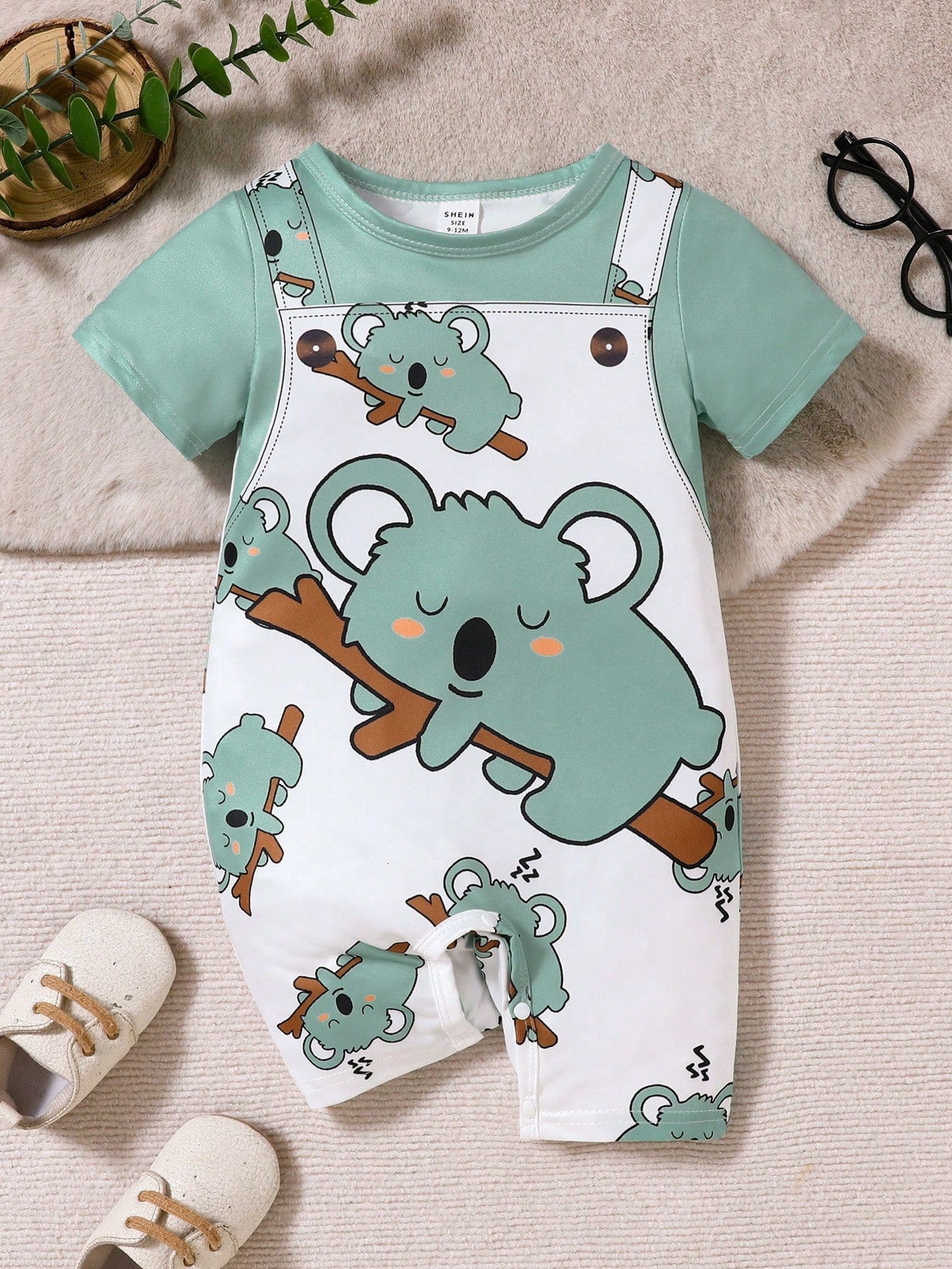 Baby Boy Cute Animal Print Strap Shorts With Round Neck Short Sleeve Romper, Suitable For Summer