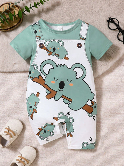 Baby Boy Cute Animal Print Strap Shorts With Round Neck Short Sleeve Romper, Suitable For Summer