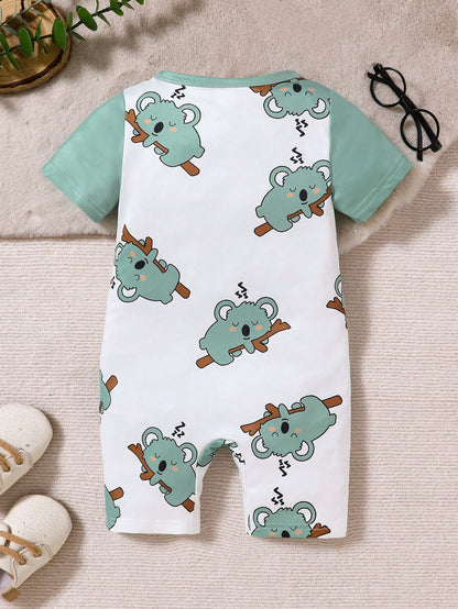 Baby Boy Cute Animal Print Strap Shorts With Round Neck Short Sleeve Romper, Suitable For Summer
