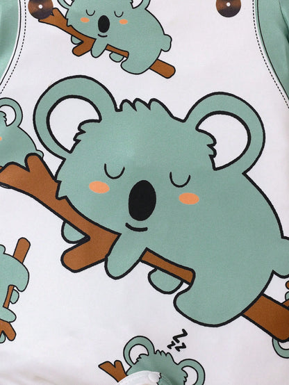 Baby Boy Cute Animal Print Strap Shorts With Round Neck Short Sleeve Romper, Suitable For Summer