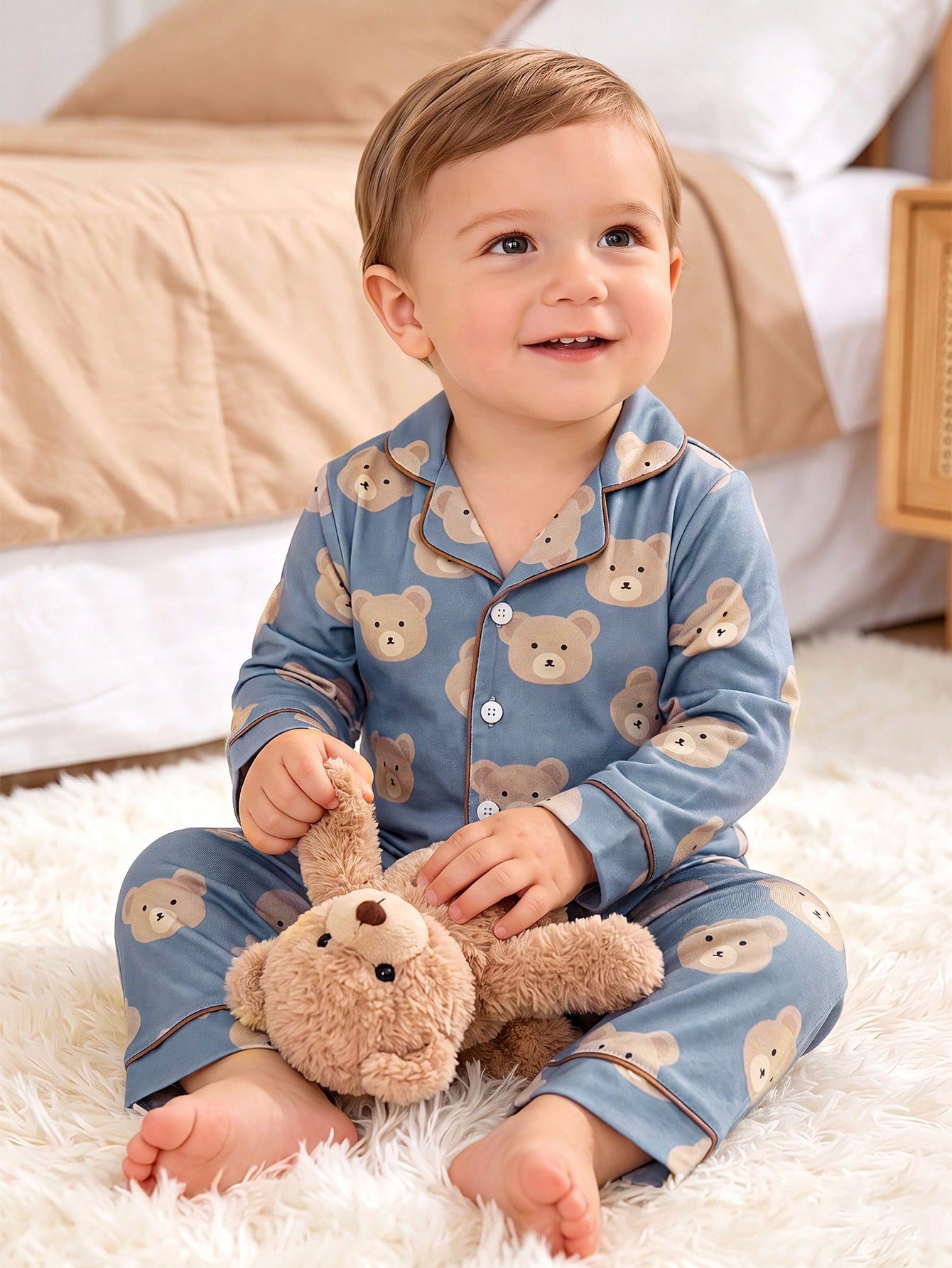 Baby Boy Cute Casual Daily Minimalist Comfortable Light Apricot Cartoon Bear Button-Up Long Sleeve Top & Pants 2-Piece Loungewear Set