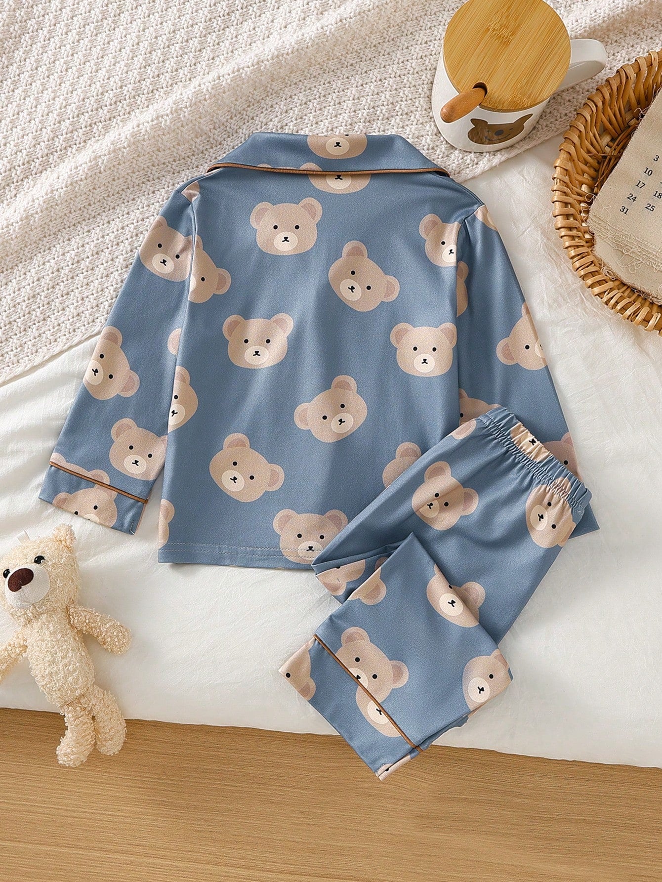 Baby Boy Cute Casual Daily Minimalist Comfortable Light Apricot Cartoon Bear Button-Up Long Sleeve Top & Pants 2-Piece Loungewear Set