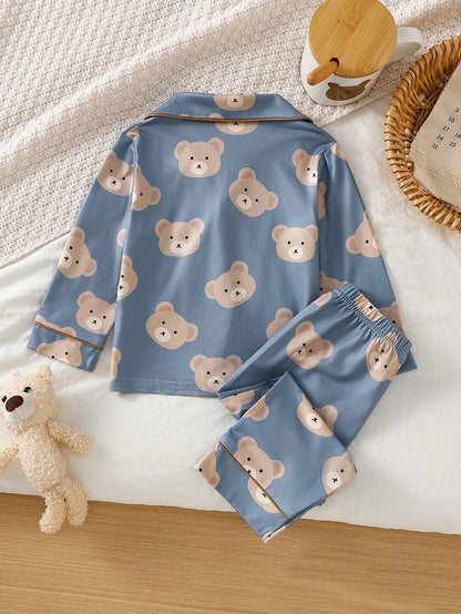 Baby Boy Cute Casual Daily Minimalist Comfortable Light Apricot Cartoon Bear Button-Up Long Sleeve Top & Pants 2-Piece Loungewear Set
