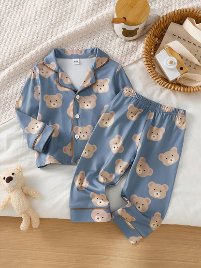Baby Boy Cute Casual Daily Minimalist Comfortable Light Apricot Cartoon Bear Button-Up Long Sleeve Top & Pants 2-Piece Loungewear Set