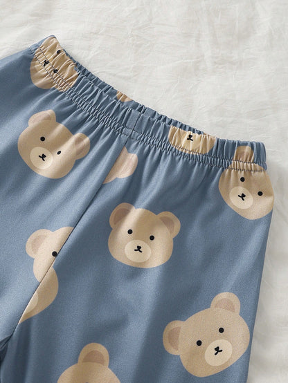 Baby Boy Cute Casual Daily Minimalist Comfortable Light Apricot Cartoon Bear Button-Up Long Sleeve Top & Pants 2-Piece Loungewear Set