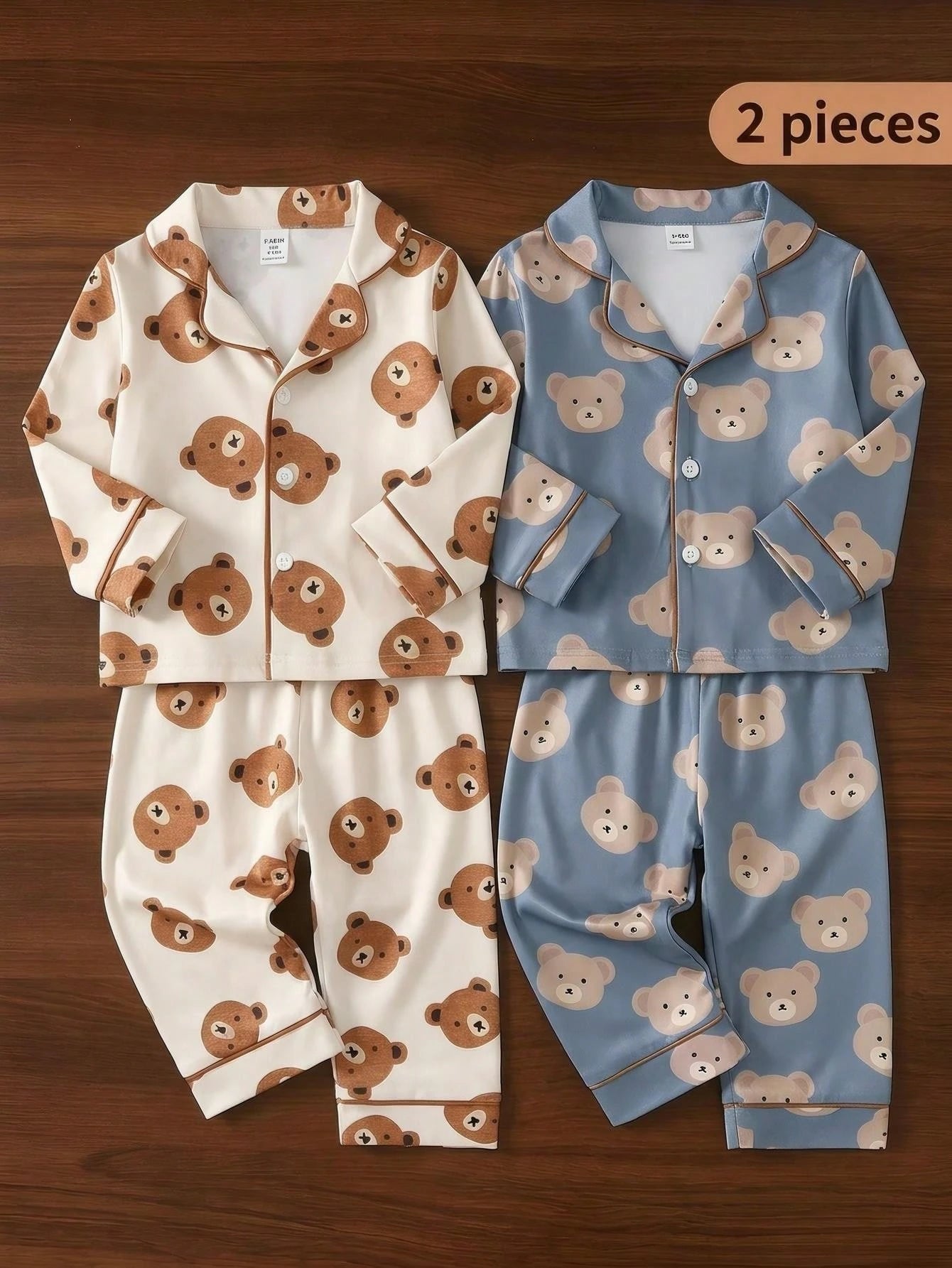 Baby Boy Cute Casual Daily Minimalist Comfortable Light Apricot Cartoon Bear Button-Up Long Sleeve Top & Pants 2-Piece Loungewear Set