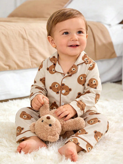 Baby Boy Cute Casual Daily Minimalist Comfortable Light Apricot Cartoon Bear Button-Up Long Sleeve Top & Pants 2-Piece Loungewear Set