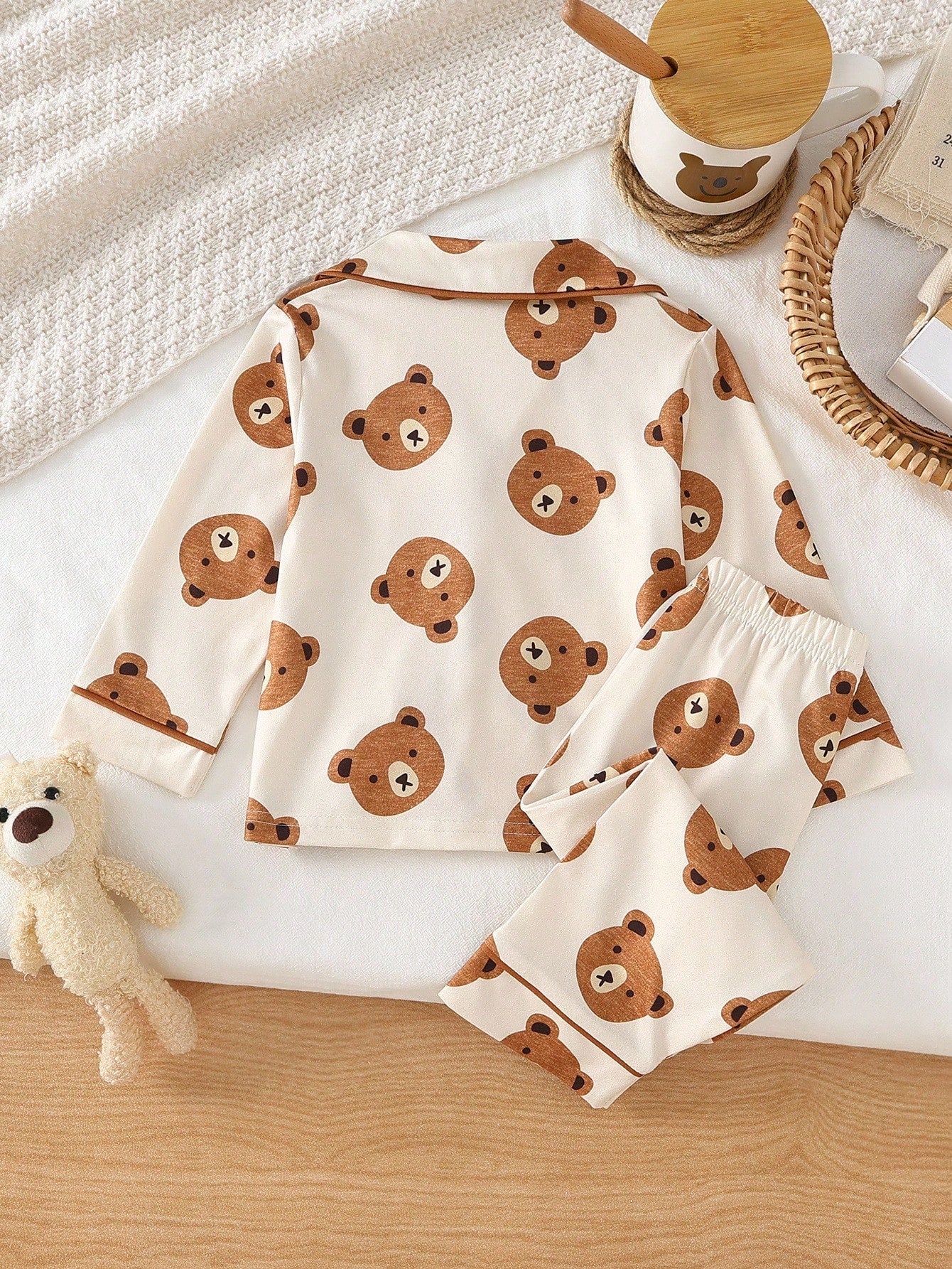 Baby Boy Cute Casual Daily Minimalist Comfortable Light Apricot Cartoon Bear Button-Up Long Sleeve Top & Pants 2-Piece Loungewear Set