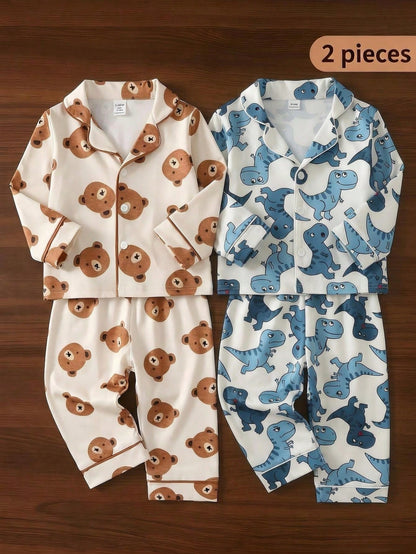 Baby Boy Cute Casual Daily Minimalist Comfortable Light Apricot Cartoon Bear Open Front Long Sleeve Top And Pants 2 Pieces Loungewear Set
