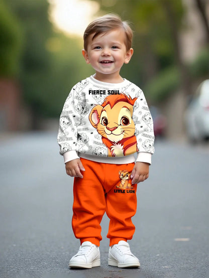Baby Boy Cute Orange Happy Lion Cub Cartoon White Sweatshirt & Pants Set,Autumn Vacation Casual Loose Soft Knit Family Outfit For Winter