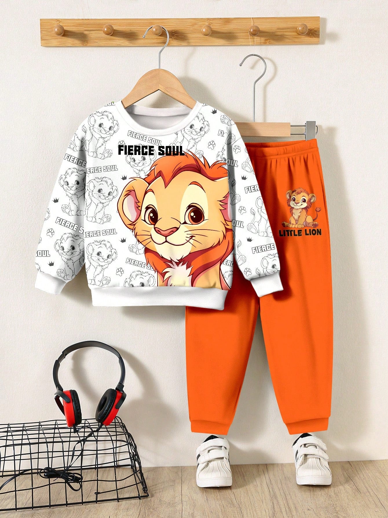 Baby Boy Cute Orange Happy Lion Cub Cartoon White Sweatshirt & Pants Set,Autumn Vacation Casual Loose Soft Knit Family Outfit For Winter