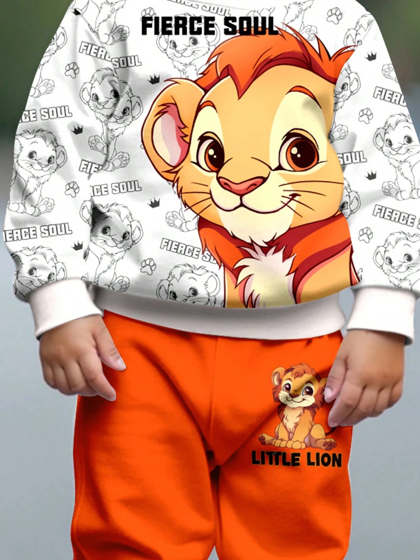 Baby Boy Cute Orange Happy Lion Cub Cartoon White Sweatshirt & Pants Set,Autumn Vacation Casual Loose Soft Knit Family Outfit For Winter