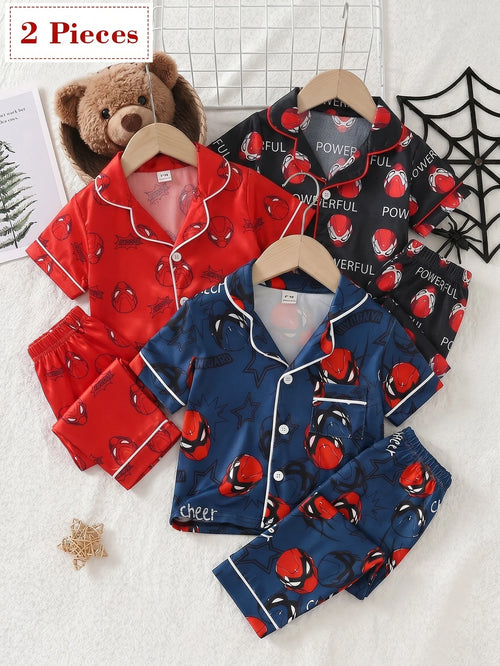 Baby Boy Fashion Minimalist Cool Classic Casual Comfortable Daily Soft Knit Multi-Color Spider Hero Cartoon Print Short Sleeve Open Front Collar Top And Long Pants Home Wear Pajama Set 2-Piece