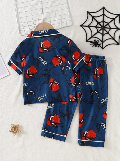 Baby Boy Fashion Minimalist Cool Classic Casual Comfortable Daily Soft Knit Multi-Color Spider Hero Cartoon Print Short Sleeve Open Front Collar Top And Long Pants Home Wear Pajama Set 2-Piece