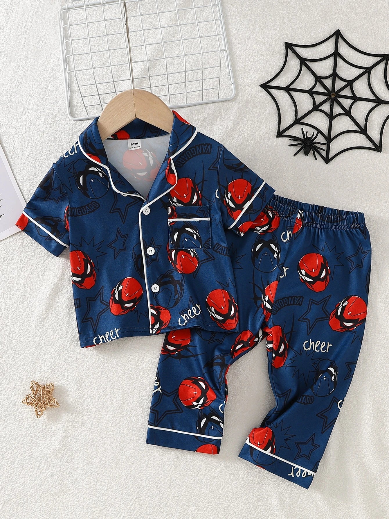 Baby Boy Fashion Minimalist Cool Classic Casual Comfortable Daily Soft Knit Multi-Color Spider Hero Cartoon Print Short Sleeve Open Front Collar Top And Long Pants Home Wear Pajama Set 2-Piece