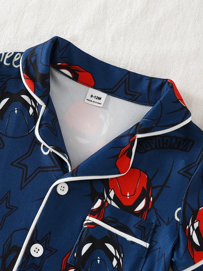 Baby Boy Fashion Minimalist Cool Classic Casual Comfortable Daily Soft Knit Multi-Color Spider Hero Cartoon Print Short Sleeve Open Front Collar Top And Long Pants Home Wear Pajama Set 2-Piece