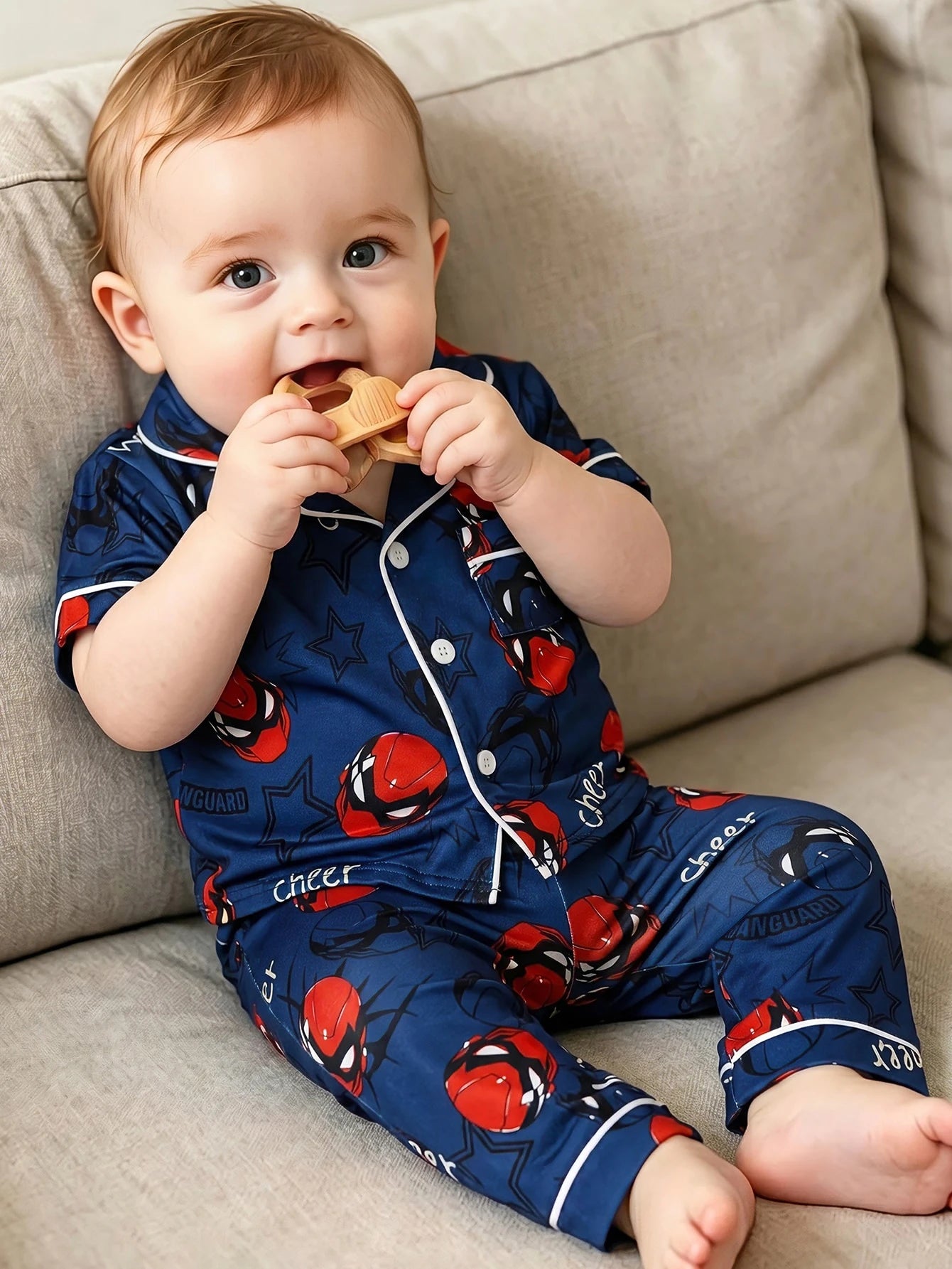 Baby Boy Fashion Minimalist Cool Classic Casual Comfortable Daily Soft Knit Multi-Color Spider Hero Cartoon Print Short Sleeve Open Front Collar Top And Long Pants Home Wear Pajama Set 2-Piece