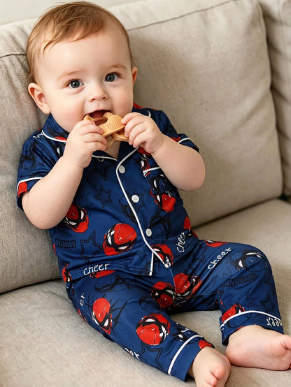 Baby Boy Fashion Minimalist Cool Classic Casual Comfortable Daily Soft Knit Multi-Color Spider Hero Cartoon Print Short Sleeve Open Front Collar Top And Long Pants Home Wear Pajama Set 2-Piece